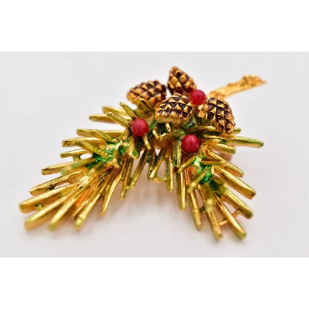 ART Vintage Christmas Pinecone Brooch Gold Red Berry Evergreen Branch Pin BinBI